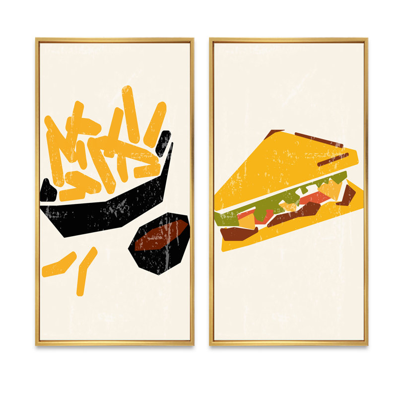 «Organic Vintage Hipster Fast Food IV», ensemble de 2 impressions, H 32 po x l 32 po x P 1 po, Toile avec cadre doré