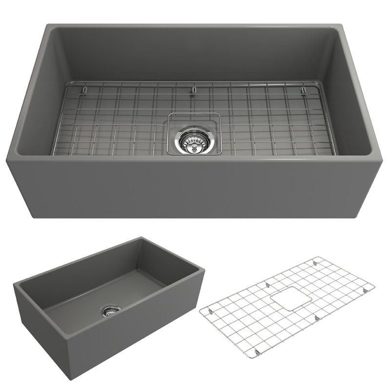 33 in. L Farmhouse Kitchen Sink, Matte Gray