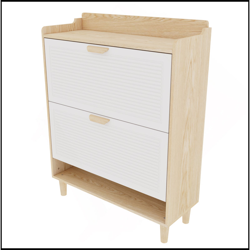 31.5 Inch Nordic Style Shoe Storage Cabinet With 2 Flip Drawers, Freestanding Organizer With Solid Wood Legs For Entryway, Narrow Shoe Rack Cabinet (White And Solid Wood Color Matched)