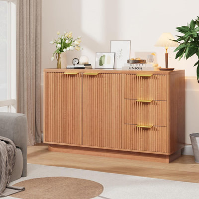Modern 120cm Wooden Drawer - 2 Drawers and 3/4 Doors - Spacious Storage for Living, Dining or Entrance - Mid-Century Style, Natural Colour, Versatile Console