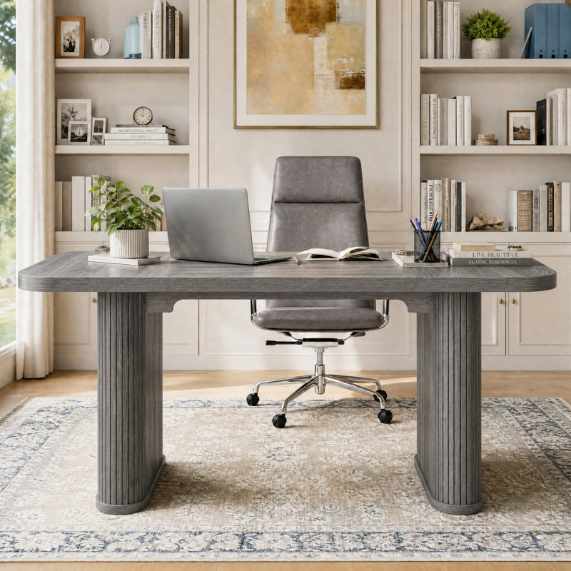 Grande table à manger rectangulaire de 157 cm (62 po) pour 6 à 8 personnes – Pied central robuste, design ajouré – Chêne gris