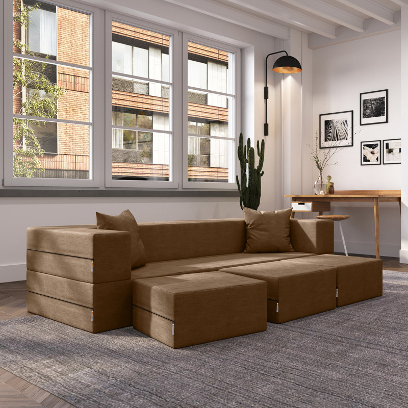 Shontae Zipline Convertible Compression Sleeper Sofa, Three Ottomans, & Pillows / California King-Size Bed, Textured Microvelvet