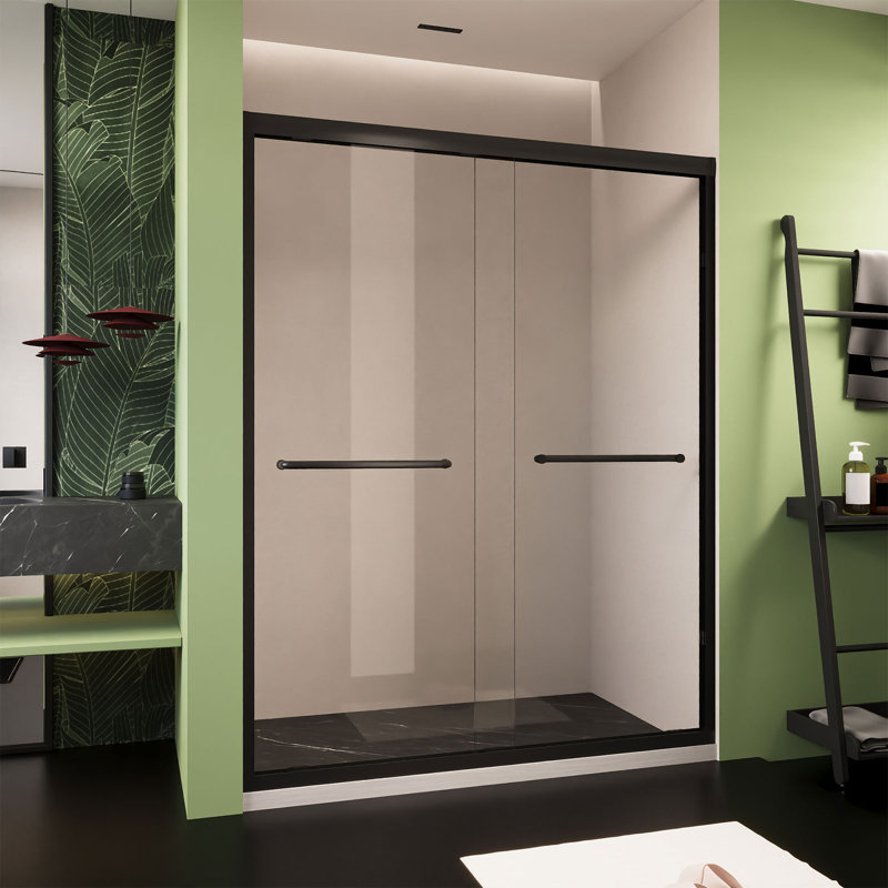 Porte de douche coulissante 60 po x 72 po semi-sans cadre, verre trempé de 6 mm avec poignée en acier inoxydable noir, facile à nettoyer