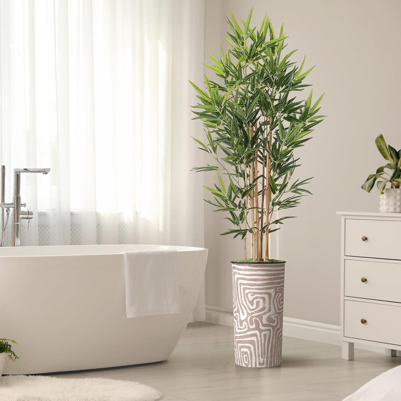 Artificial Tree in Geometric Pattern Planter Fake Bamboo Silk Tree (Plant Pot Plus Tree), Swirl Pink