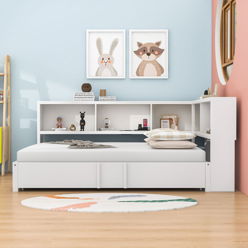 Denni Full Size Daybed with Twin Trundle, USB Charging Ports and Device Shelves, Black