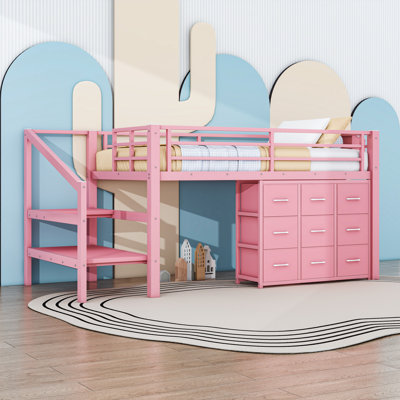 Twin Low Loft Bed with Built-in Stairs, Drawers, Shelves and Integrated Lights