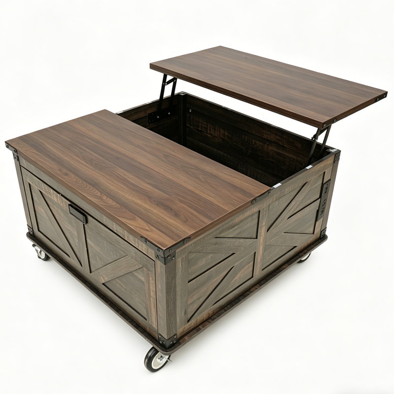 Table basse à plateau relevable rustique avec rangement, prises de courant et roues verrouillables