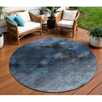 Tapis extérieur rond lavable abstrait bleu marine et bleu denim 8 pi