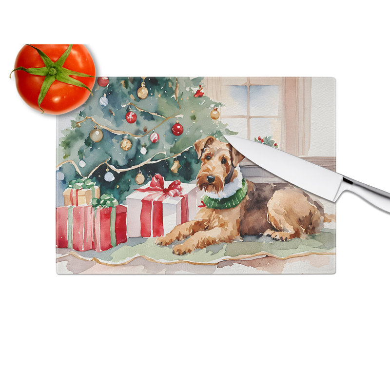 Grande planche à découper en verre Airedale Terrier Cozy Christmas