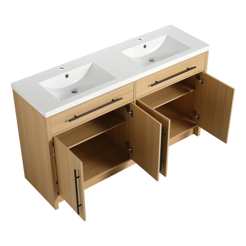 Meuble-lavabo double 59 1/8 po - Armoire en chêne clair avec lavabo intégré, tablettes réglables et 2 options de couleur de poignée (poignée noire)