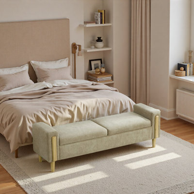 65.67" Wide Modern Upholstered Storage Bench With Double Lids, Chenille fabric Foot Stool With Armrest, Bench Daybed With Rubberwood Legs For Living Room, Entryway, Dormitory, Bedroom