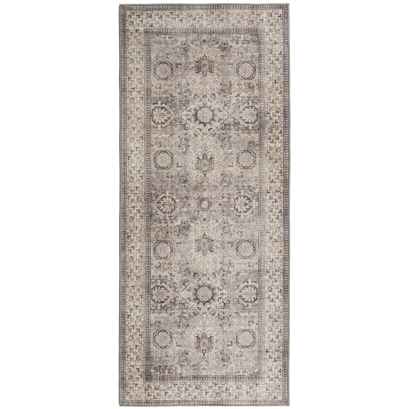 Nel Paz Border Beige Gray Ivory Machine Washable Area Rugs, Runner 2'6" x 10'