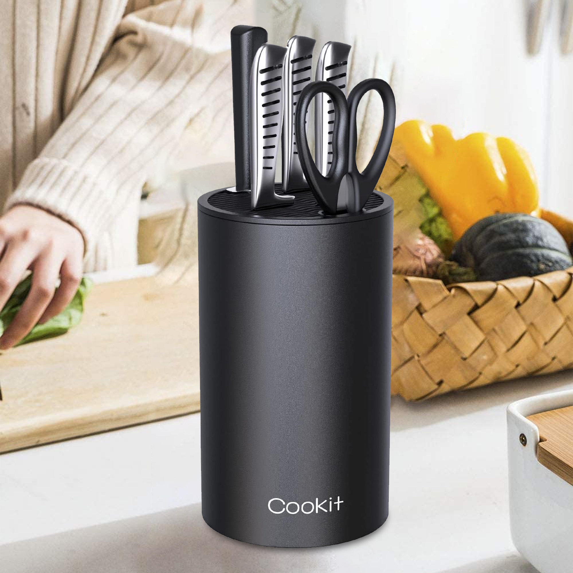  Knife Block Without Knives, Cookit Universal Round Knife Block  Only, Detachable Knife Holder for Easy Cleaning, Space Saver Knife Storage  Holder with Scissors Slot, Black : Home & Kitchen