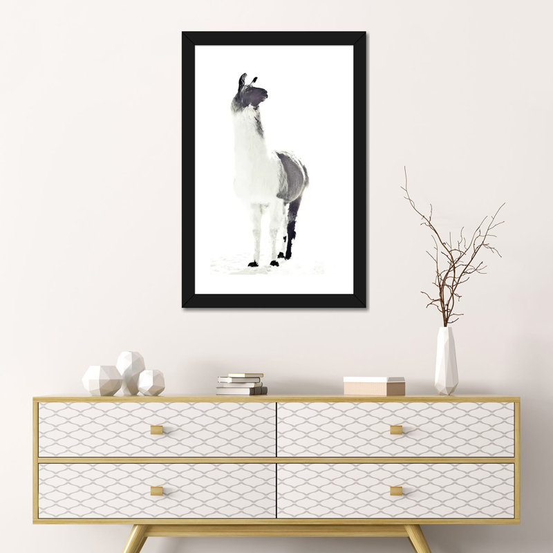 " Fluffy Llama " by Monika Strigel, White, 24" H x 16" W x 1" D, Black Framed Paper