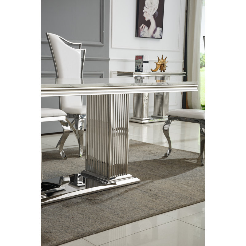 6 - Person Double Pedestal Dining Set, White, Silver, White/Silver