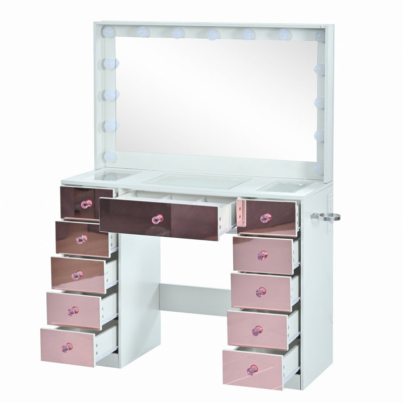 Vanity Desk With Cushioned Stool, Makeup Vanity With 11 Hollywood Bulbs, 3 Color Lighting Modes, Adjustable Brightness