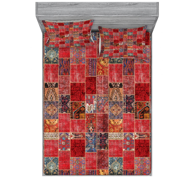 Oriental Microfiber Patchwork Sheet Set, Full Sheet Set + Fitted Sheet + 2 Pillowcases