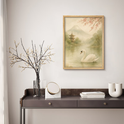 Reproduction d'art murale encadrée - Lac de cygne japonais serein avec des fleurs de cerisier et le mont Fuji, art asiatique à l'aquarelle, parfait pour les chambres à coucher ou les espaces zen