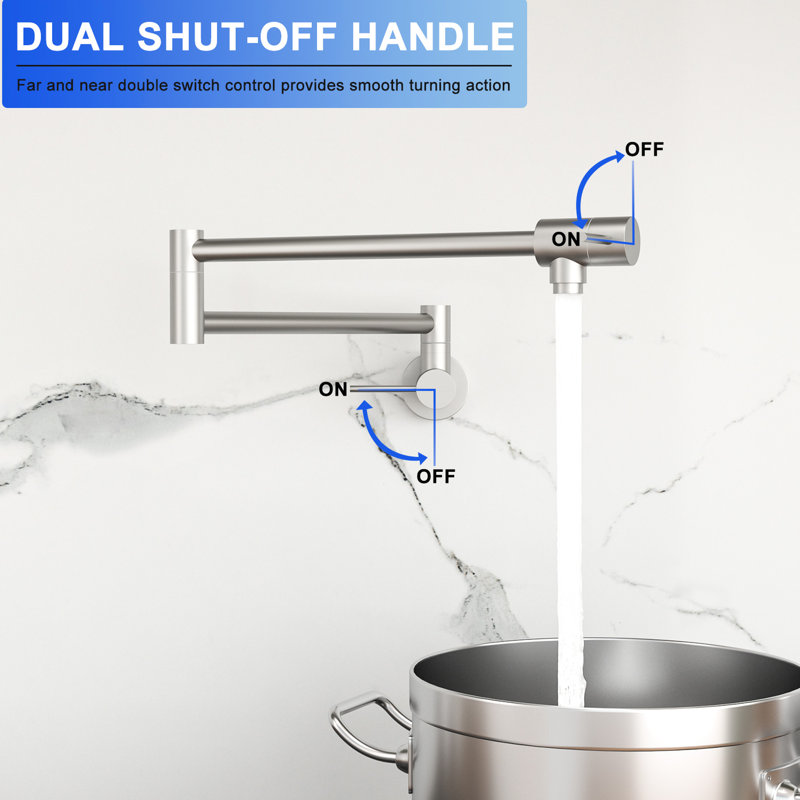 Brushed Nickel Pot Filler, Wall Mount, Single Hole, Two - Handle, 360 Rotating, Foldable Arm To Save Kitchen Counter Space For Quick Filling Hole Mount Filler Faucet, Nickel, Handles, Design