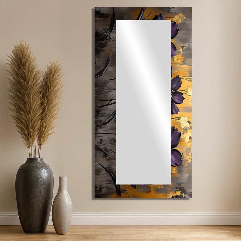 Chanson dorée chardon mauve chantant harmonie II - décoration murale miroir floral - imprimé sur métal, 28" x 55"