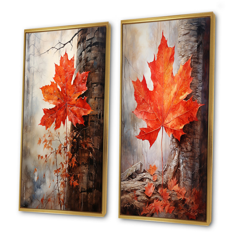«Maples Mark Autum» - ensemble de 2 impressions sur toile érable, Cadre flottant doré, H 28 po x l 25 po