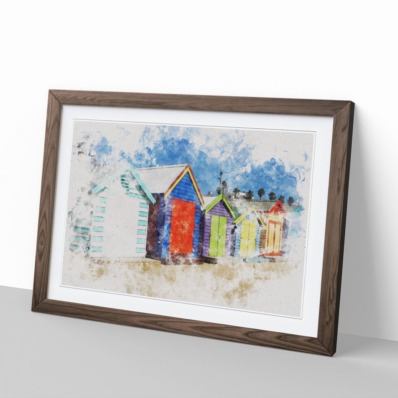 Colourful Beach Huts - Picture Frame Painting, 36cm H x 48cm W x 2cm D, Walnut