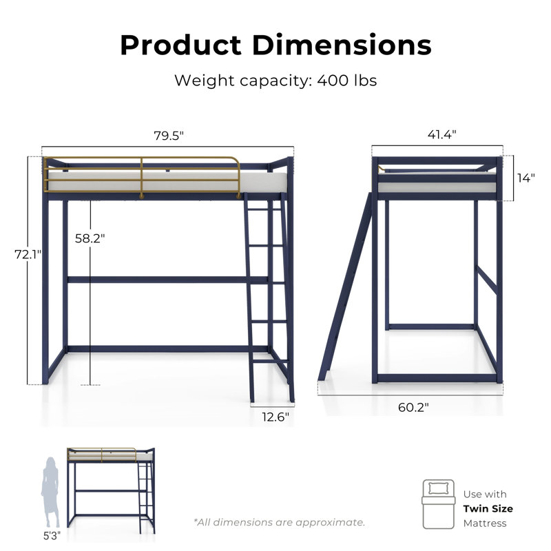 Audreena Metal Loft Bed, Navy, Twin