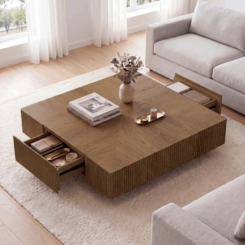 Table basse carrée en bois massif 35,3 pouces avec 2 tiroirs, frêne et chêne fabriqués à la main, Brun