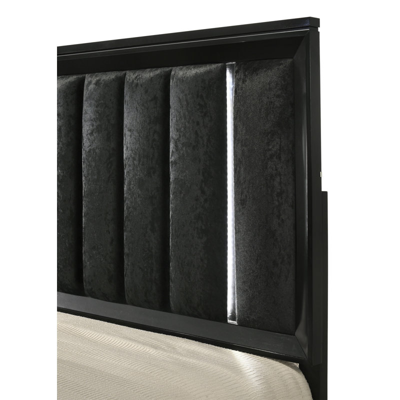 Meuble-lit tapissier à panneau très grand 1pc avec lumières DEL et tête de lit à finition noire en bois massif