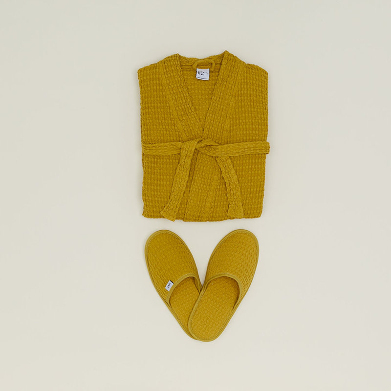 Simple Cotton Waffle Slippers, Small, Mustard