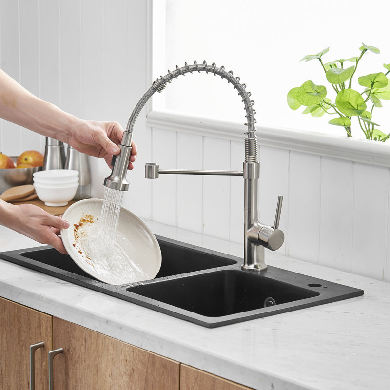 Robinet de cuisine commercial avec douchette rétractable et poignée simple, Nickel brossé