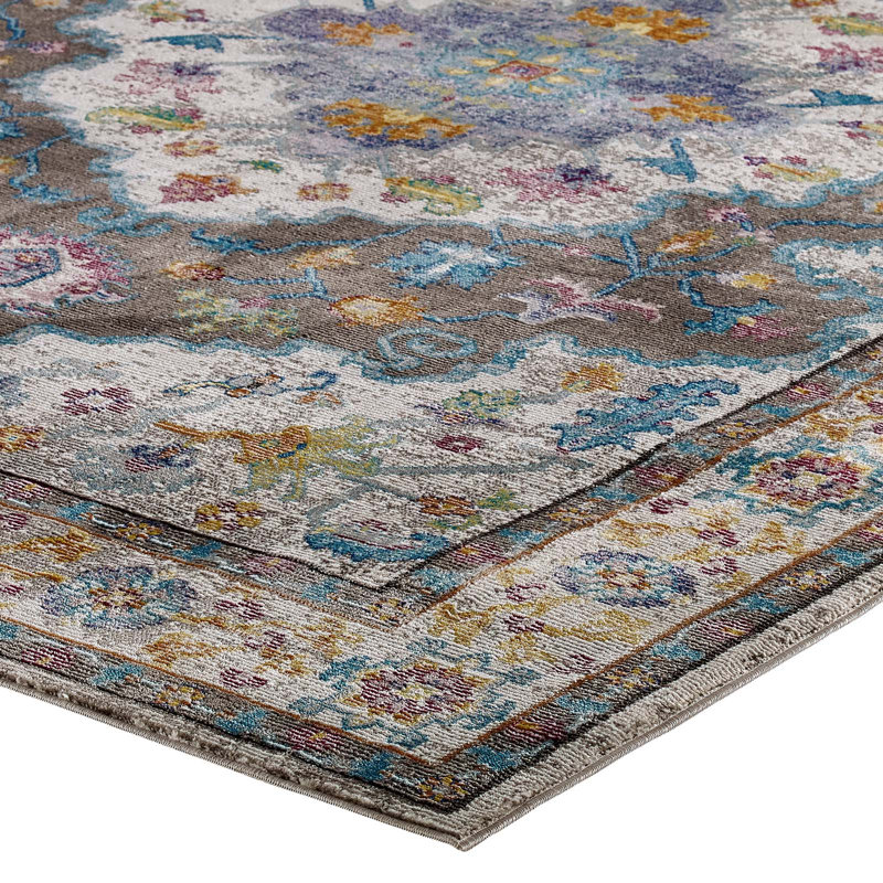 Modway Success Anisah Distressed Floral Vintage 5x8 Area Rug in Gray, Ivory, Yellow, Orange, Rectangle 4' x 6'