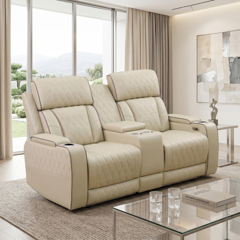 Celestia Beige Vegan Leather  Reclining  Loveseat With Cup-Holders And LED Lights