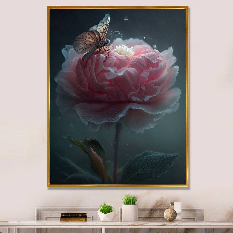 " Pink Flower Blooming Butterflies ", 32" H x 16" W x 1" D, Gold Floater Framed