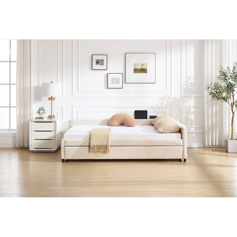 Upholstered Daybed With Trundle,Sturdy Wooden Bed Frame, Modern Diamond Grid Design,For Bedroom, Guest Room, Beige