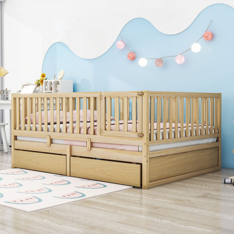 Wood 2 Drawers Floor Bed with Guardrails, Full, Natural