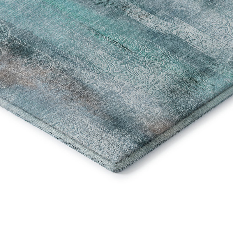 Teal Rectangular Washable Non-Slip Synthetic Rug 46" x 30"
