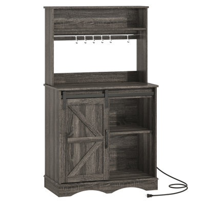55.1" H Sideboard, Farmhouse Coffee Bar Cabinet With Storage Hutch, Rustic Kitchen Coffee Station With Charging Station & 6 Hooks, Buffet Cabinet With Sliding Barn Door & Adjustable Shelf​, Gray
