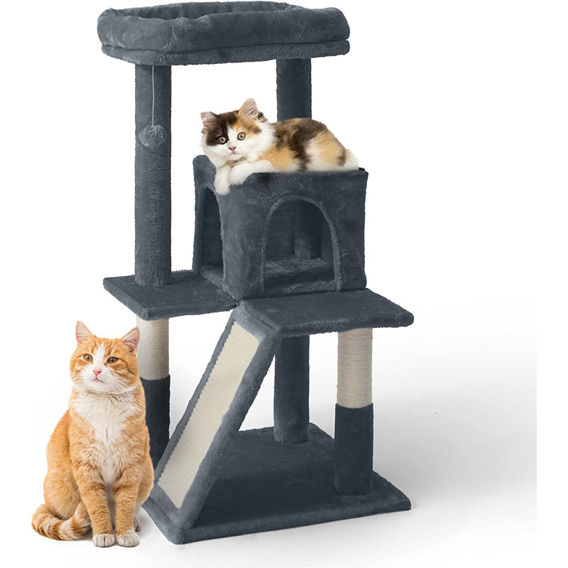 Tour pour chat pour chats d'intérieur, petit arbre à chat de 37 pouces avec perchoir élargi pour les grands chats et les chatons, arbre d'activité pour chat à plusieurs niveaux avec poteaux à griffes et rampe, gris foncé