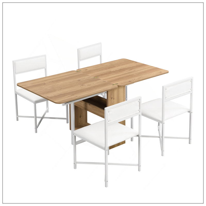 Extendable Dining Table Set For 4,Modern Compact Dining Set W/Foldable Dining Table, White