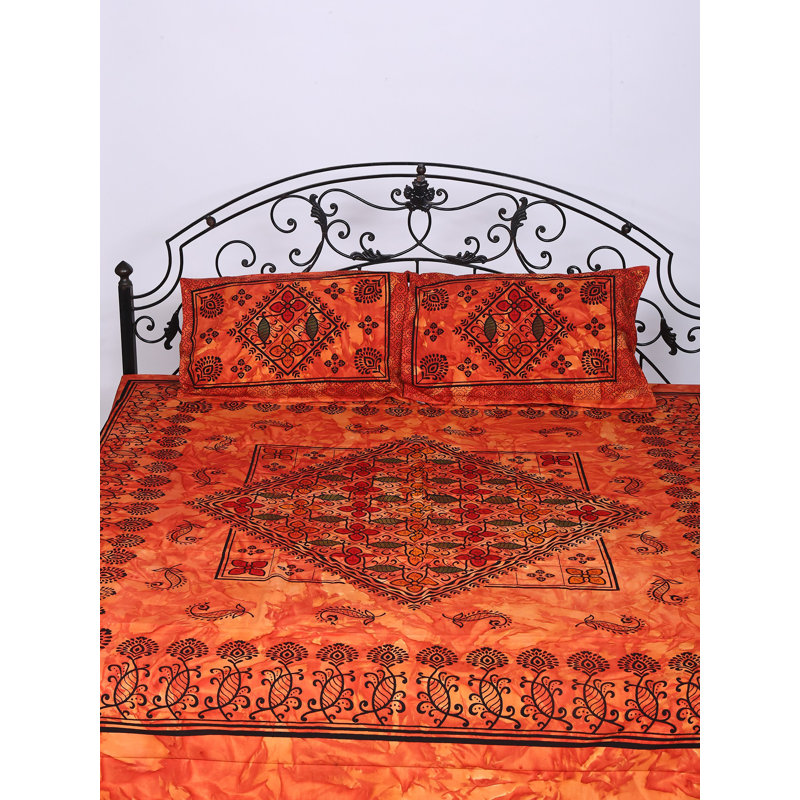 Ensemble de couvre-lit en coton pur Exotic India, Motif floral rouge