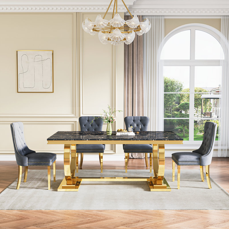 Rectangular 70.1"L X 35"W Dining Set, Gris/doré, Noir et or, 5 pièces: table, 4 chaises