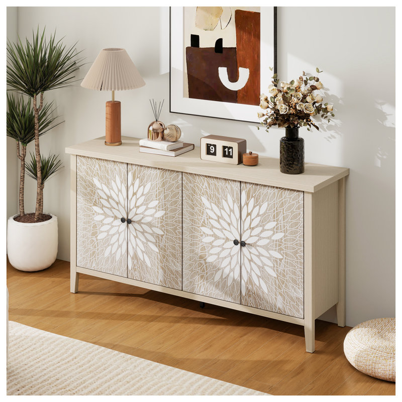 Modern 4-Door Sideboard Buffet Cabinet with Adjustable Shelves, Natural Wood Grain Storage Console for Living Room & Dining Room