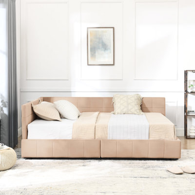 Lit de jour de style Mid-Century avec revêtement et coussin en velours - Cadre de lit rose pour tiroir de rangement pour chambre à coucher