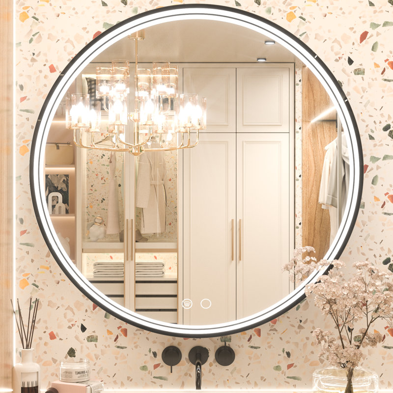 Akhiya Black Metal Frame LED Round Vanity Mirror with Lights, with Anti-Fog Dimmable Function, 28" x 28"