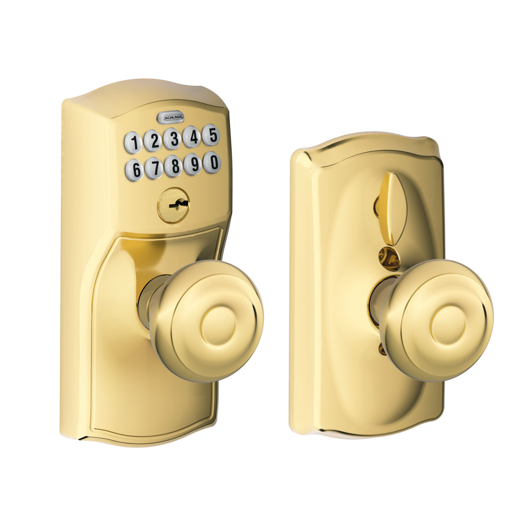 Georgian Door Knob with Camelot Trim Schlage Finish: Polished Brass, Keying Option: Keyed Alike, Customize: Yes