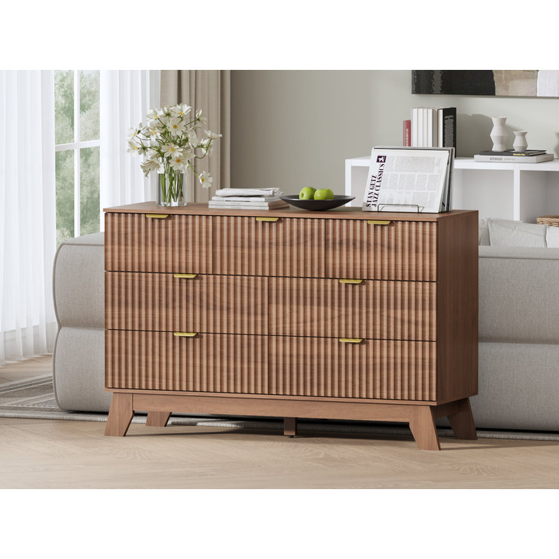 Fluted 7- Drawer Rattan Dresser For Bedroom, 47''W TV Stand Table Storge Chest of Drawers with Adjustable Feet&Metal Handle