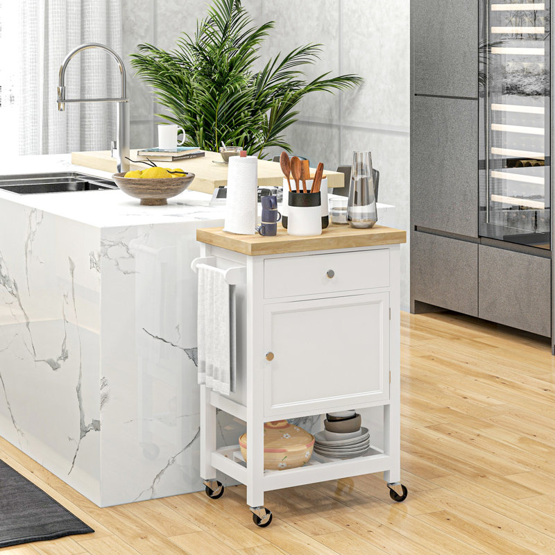 Organisateur de cuisine roulant avec armoire, blanc - rangement polyvalent et surface en bois d'hévéa pour chariot d'armoire Essentials, tiroir lisse, tablette