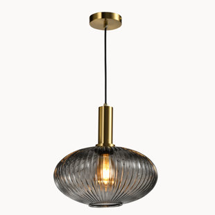 Modern Gold Copper Chandelier Pendant Light – Ribbed Glass Jar Shade, LED Ceiling Light Fixture with E27 Socket