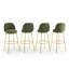 Ensemble de 4 tabourets de bar Rio Claro modernes et luxueux, recouverts de tissu vert, avec pieds en métal doré poli et repose-pieds circulaire.-306823288